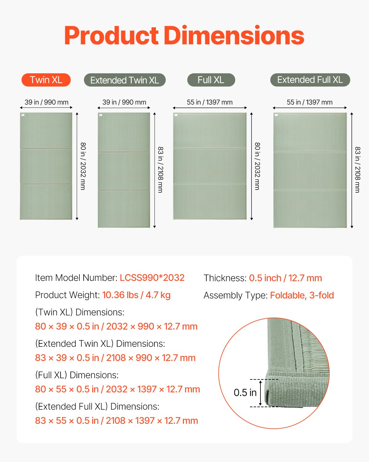 VEVOR Japanese Tatami Mat Twin Foldable & Non-Slip Rush Grass Tatami Mattress 