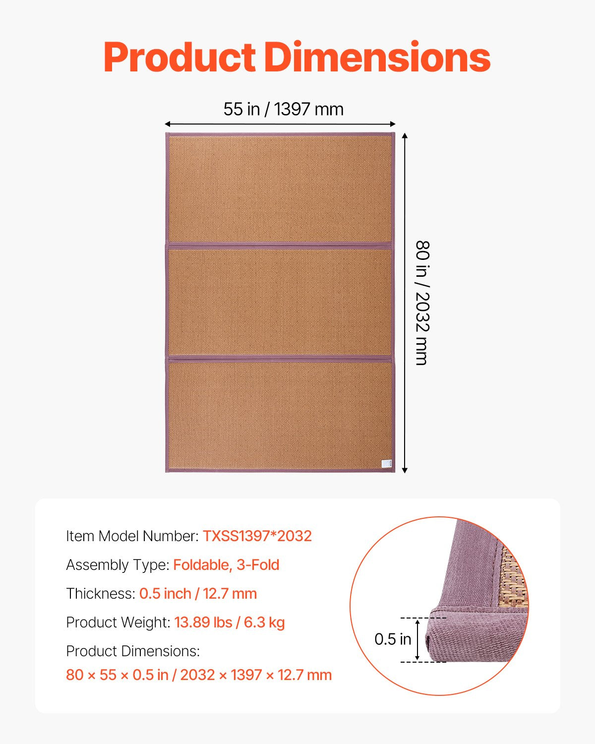 VEVOR Japanese Tatami Mat 80 x 55 in Foldable Natural Rattan Tatami Mattress 