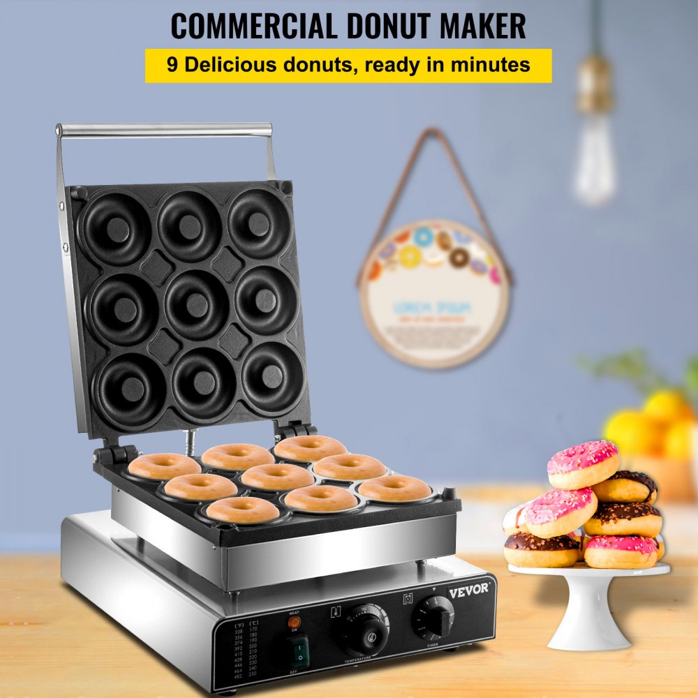 VEVOR Electric Donut Maker, 9 Holes Commercial Donut Machine, 2000W Electric Doughnut Machine, Double-Sided Heating Commercial Donut Maker, for Home & Commercial Use with Non-stick Teflon Coating 