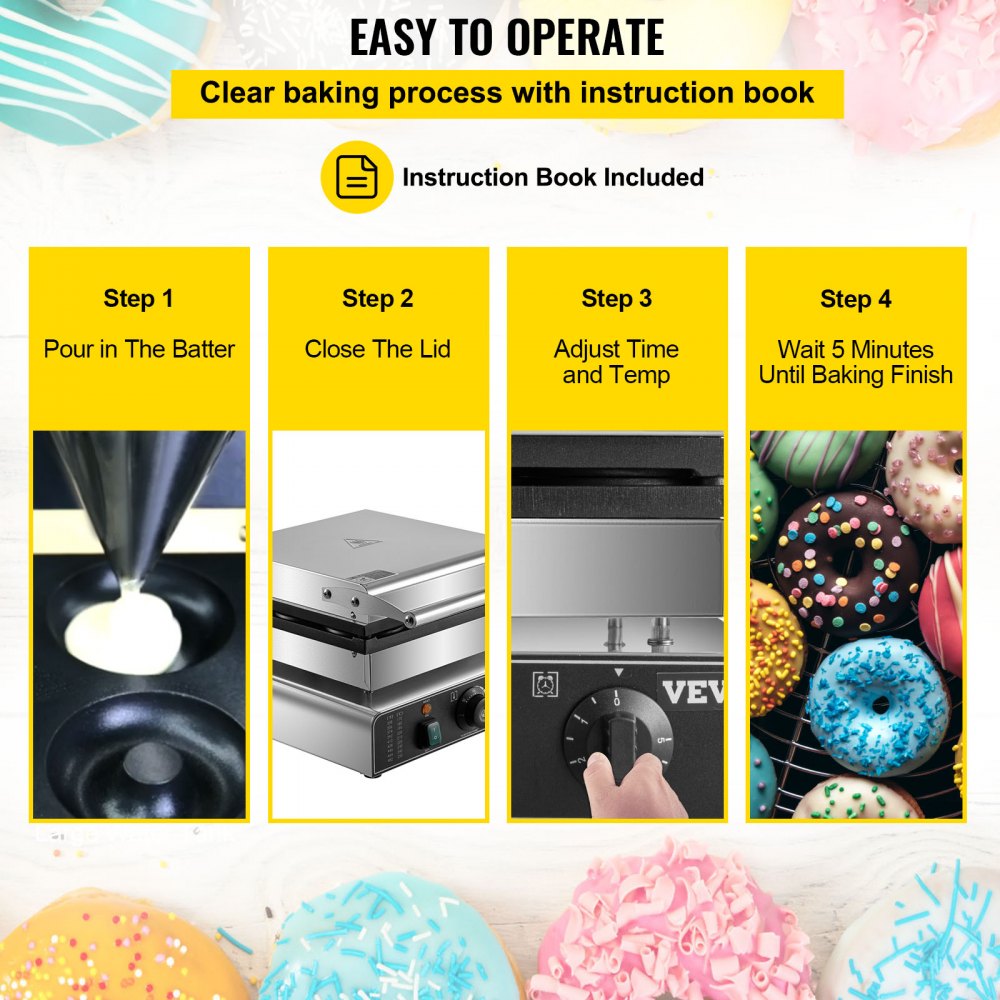 VEVOR Electric Donut Maker, 9 Holes Commercial Donut Machine, 2000W Electric Doughnut Machine, Double-Sided Heating Commercial Donut Maker, for Home & Commercial Use with Non-stick Teflon Coating 