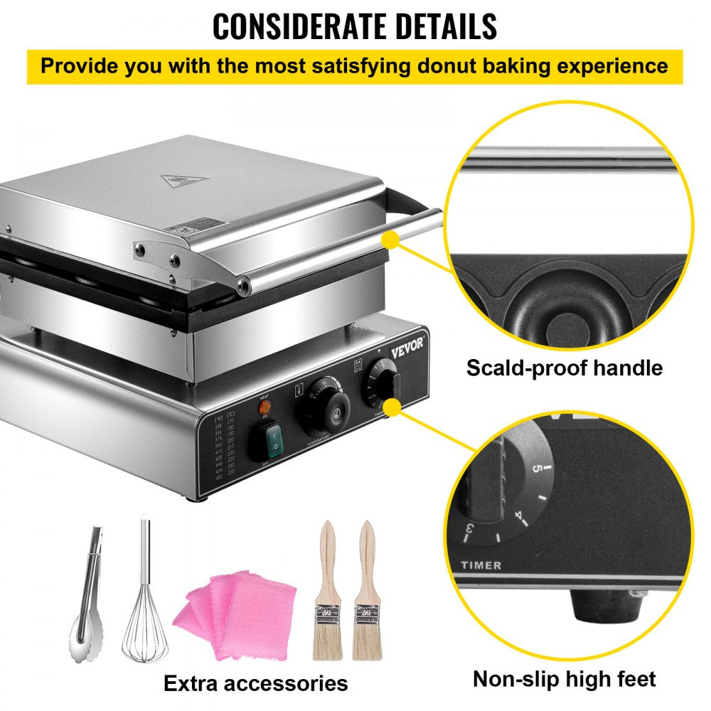 VEVOR Electric Donut Maker, 9 Holes Commercial Donut Machine, 2000W Electric Doughnut Machine, Double-Sided Heating Commercial Donut Maker, for Home & Commercial Use with Non-stick Teflon Coating 