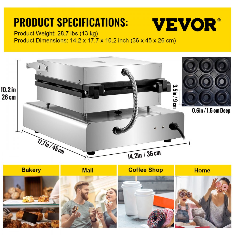 VEVOR Electric Donut Maker, 9 Holes Commercial Donut Machine, 2000W Electric Doughnut Machine, Double-Sided Heating Commercial Donut Maker, for Home & Commercial Use with Non-stick Teflon Coating 