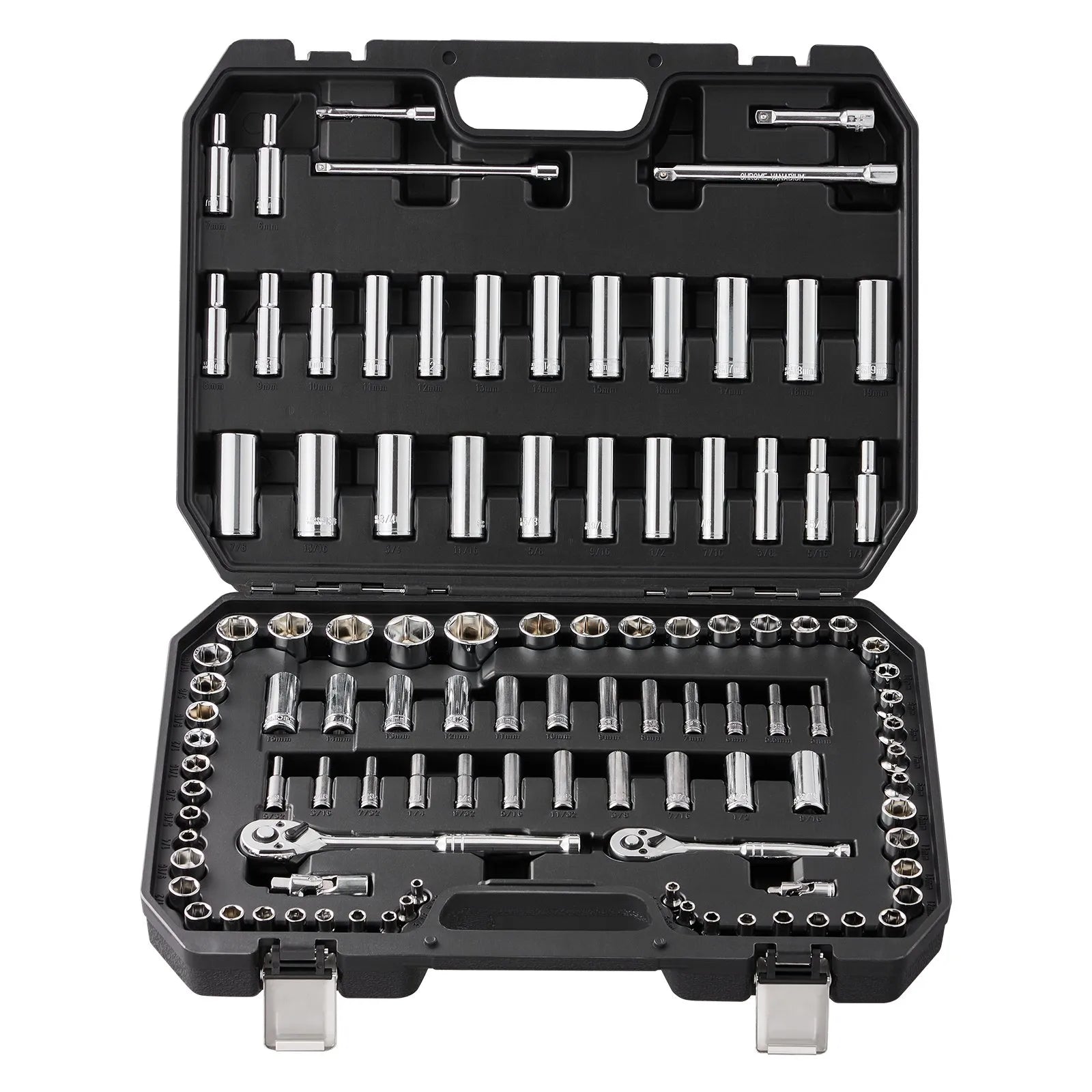 VEVOR Socket Set, 1/4" and 3/8" Drive Socket and Ratchet Set, 6-Point Socket Opening, 106 Pcs Tool Set SAE and Metric, Deep and Standard Sockets, 5/32-1 in, 5-19 mm, with Accessories, Storage Case