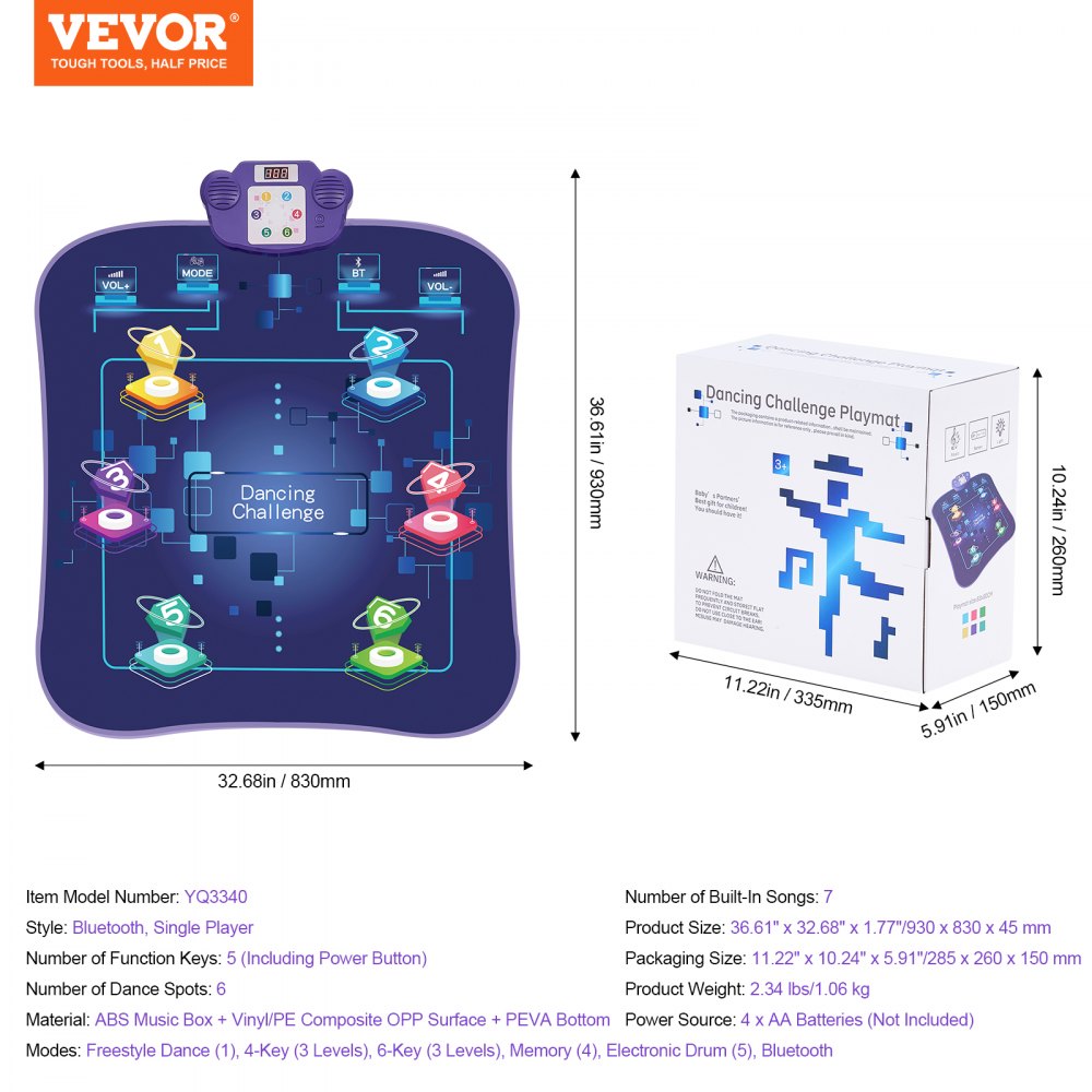 VEVOR Dance Mat for Kids Dance Pad Toy with Wireless Bluetooth Gift for 3+ Girls 