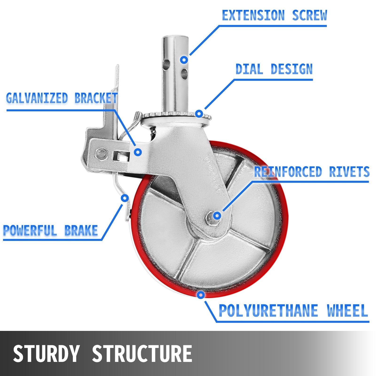 VEVOR Scaffolding Wheels Set, Heavy Duty 4-Pack 8\" Scaffolding Casters, with 4400 Lbs Per Set and Locking Stem Casters with Brake, Polyurethane Replacement for Scaffold, Shelves, Workbench 
