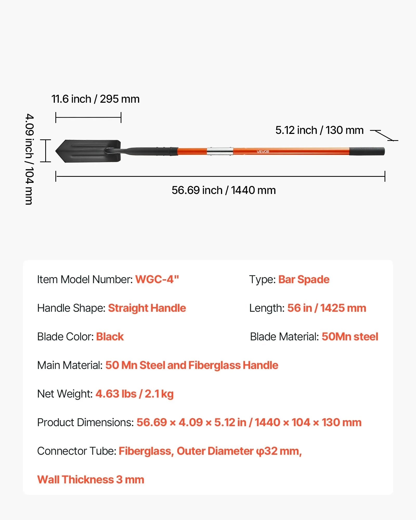 VEVOR Trench Shovel, 4 in Blade Heavy-Duty Trenching Shovel, Narrow Spade Trench Digger with Fiberglass Handle and Non-Slip Grip, for Gardening, Digging Holes, Trenching, and Planting, 56 in Long 