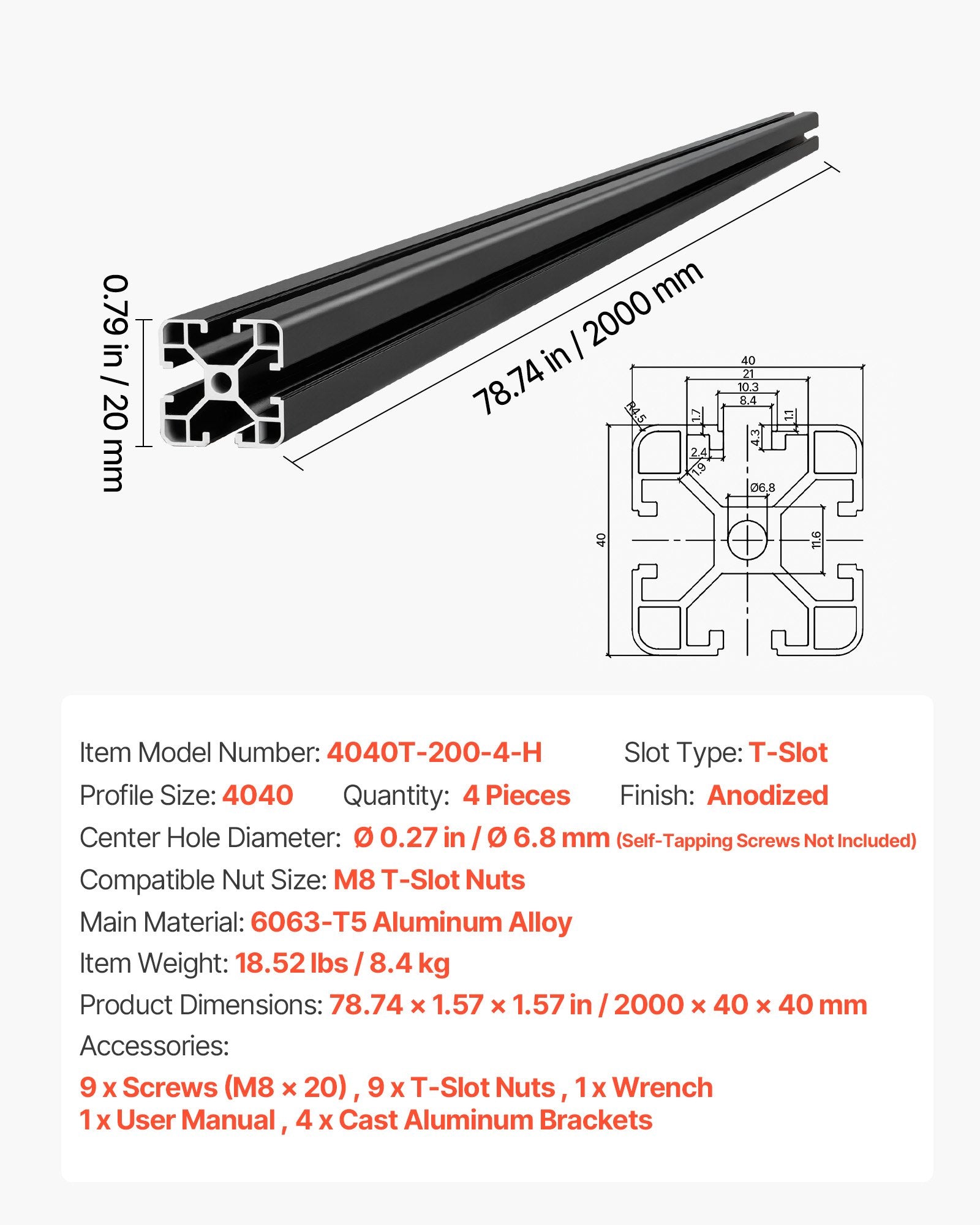 4PCS 4040 Aluminum Extrusion Profile 78.74" (2000mm) T-Slot Linear Rails, European Standard Anodized 6063-T5 Aluminum for CNC Machines, 3D Printers & DIY Workbenches - Black