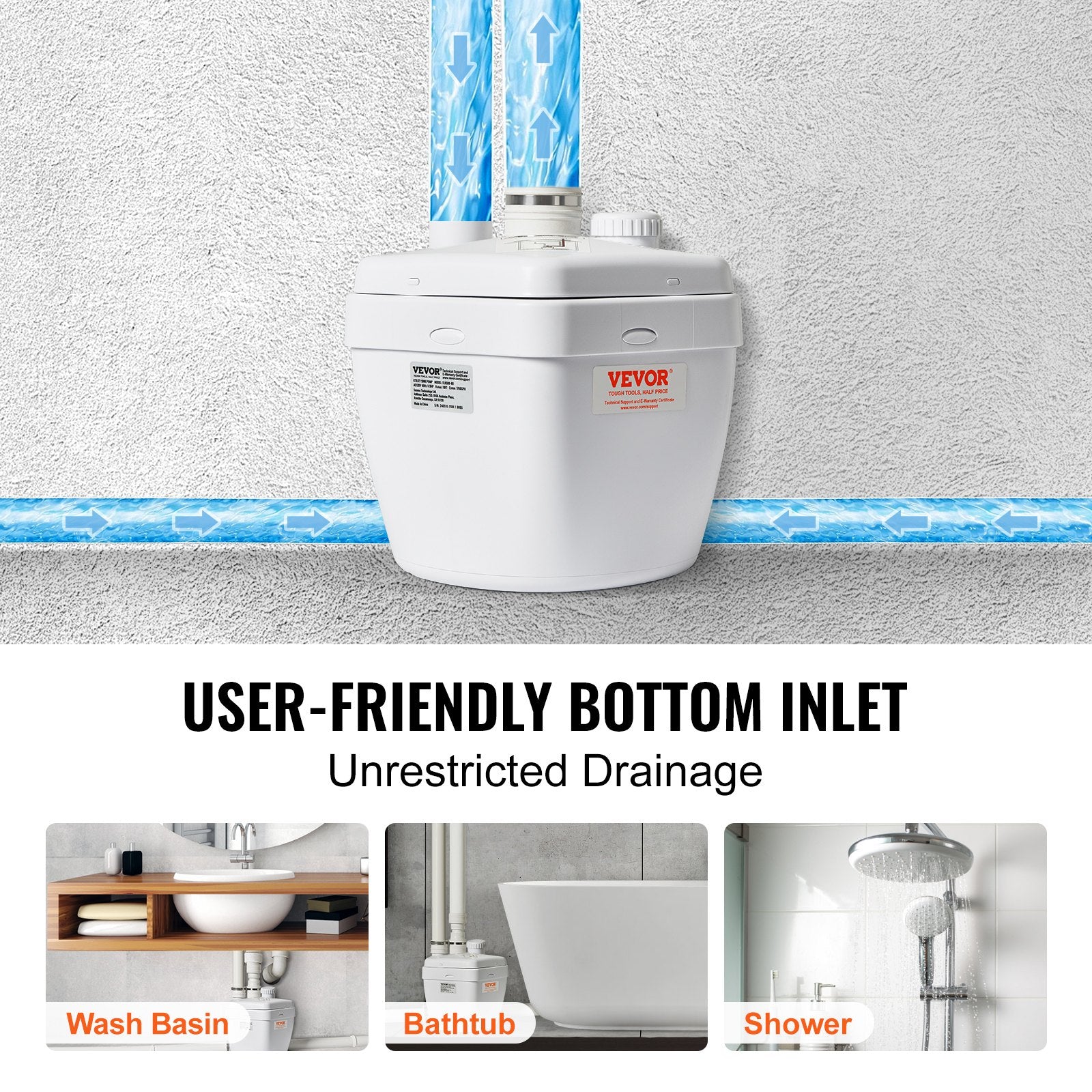 VEVOR Utility Sink Pump Laundry Sink Drain Pump System 1/3 HP 1500 GPH 18ft Head 