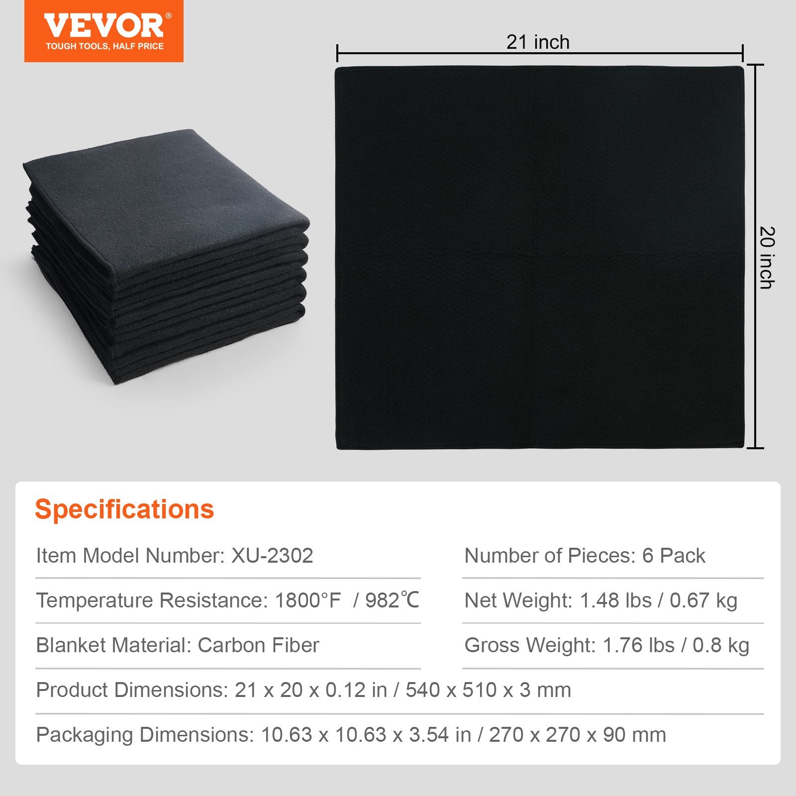 VEVOR Carbon Felt Welding Blanket 6 Pack, 21" x 20" Flame Retardant Welding Blankets, Up To 1800°F Heat Resistant Blanket Set, Cuttable Carbon Fiber Fire Retardant Insulation Welding Mat Pad 