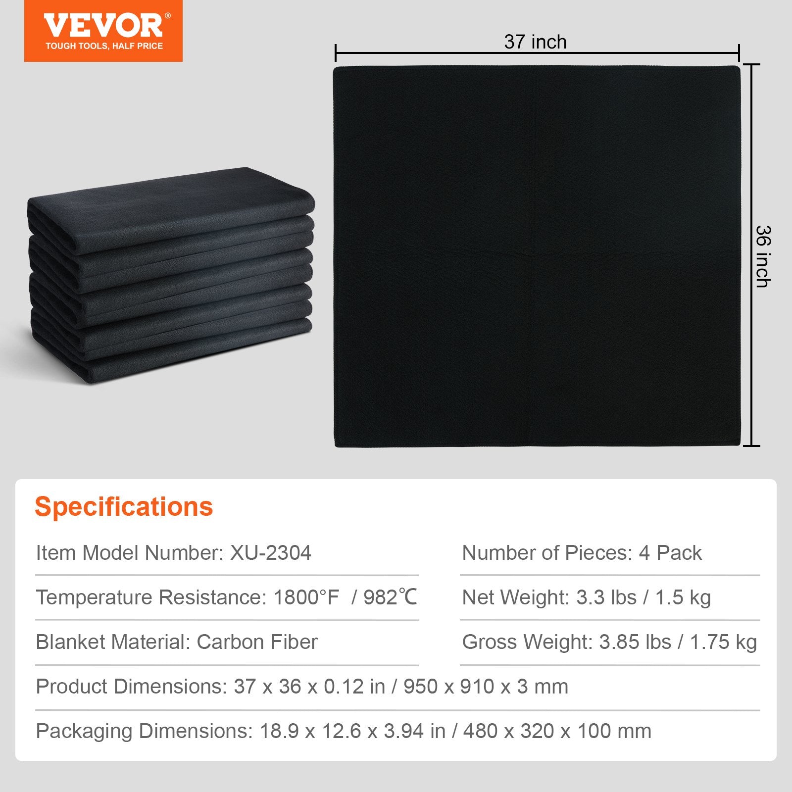 VEVOR Carbon Felt Welding Blanket 4 Pack, 37" x 36" Flame Retardant Welding Blanket, Up To 1800°F Heat Resistant Blanket Set, Cuttable Carbon Fiber Fire Retardant Insulation Welding Mat Pad 