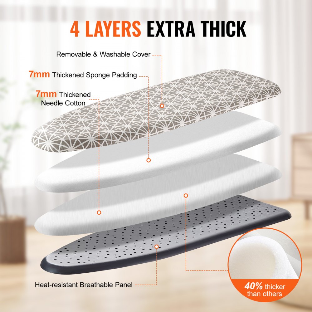 VEVOR Ironing Board with Large 51 x 13 Ironing Surface, Thickened 4 Layers Iron Board with Heat Resistant Cover and 100% Cotton Cover, 7 Adjustable Heights Ironing Board for Home Laundry Room Use 