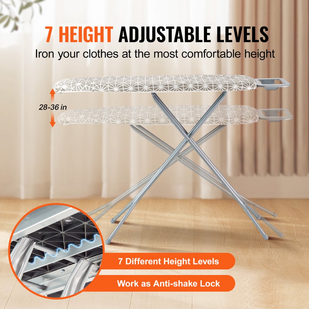 VEVOR Ironing Board with Large 51 x 13 Ironing Surface, Thickened 4 Layers Iron Board with Heat Resistant Cover and 100% Cotton Cover, 7 Adjustable Heights Ironing Board for Home Laundry Room Use 