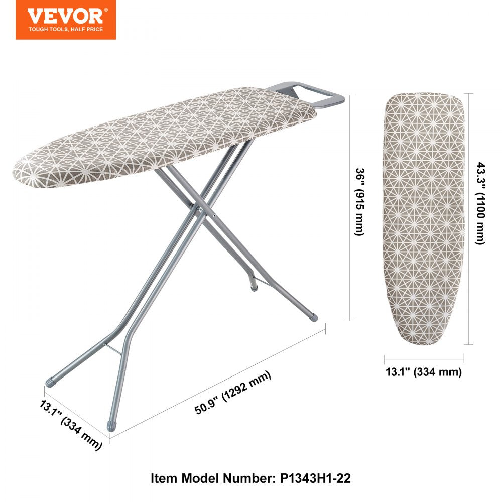 VEVOR Ironing Board with Large 51 x 13 Ironing Surface, Thickened 4 Layers Iron Board with Heat Resistant Cover and 100% Cotton Cover, 7 Adjustable Heights Ironing Board for Home Laundry Room Use 