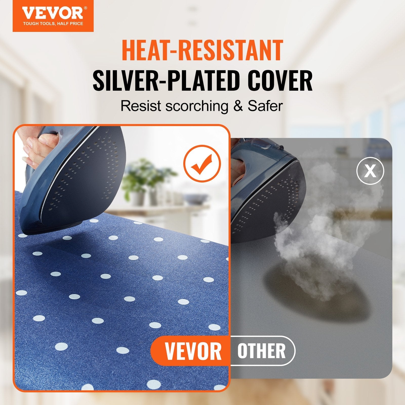 VEVOR Ironing Board with Bottom Storage Tray, Thickened 4 Layers Iron Board with Heat Resistant Cover and 100% Cotton Cover, 10 Adjustable Heights Ironing Board for Home Laundry Room Use (Size 55x15) 