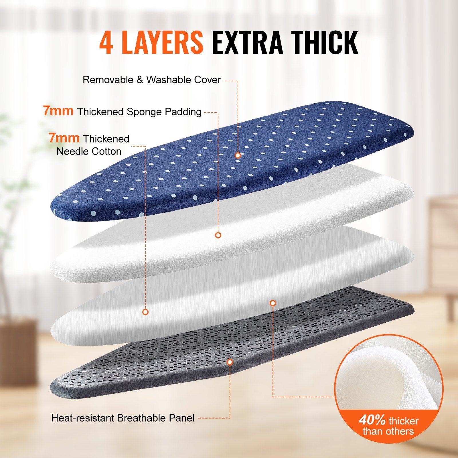 VEVOR Ironing Board with Bottom Storage Tray, Thickened 4 Layers Iron Board with Heat Resistant Cover and 100% Cotton Cover, 10 Adjustable Heights Ironing Board for Home Laundry Room Use (Size 55x15) 