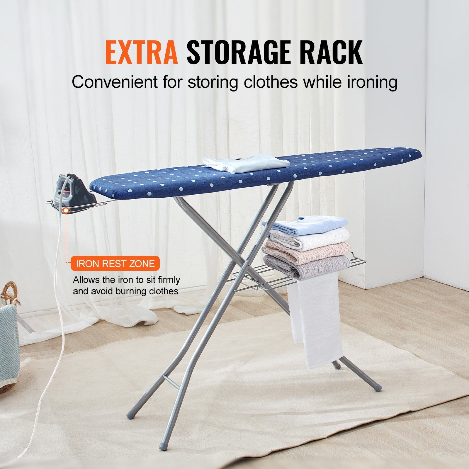 VEVOR Ironing Board with Bottom Storage Tray, Thickened 4 Layers Iron Board with Heat Resistant Cover and 100% Cotton Cover, 10 Adjustable Heights Ironing Board for Home Laundry Room Use (Size 55x15) 