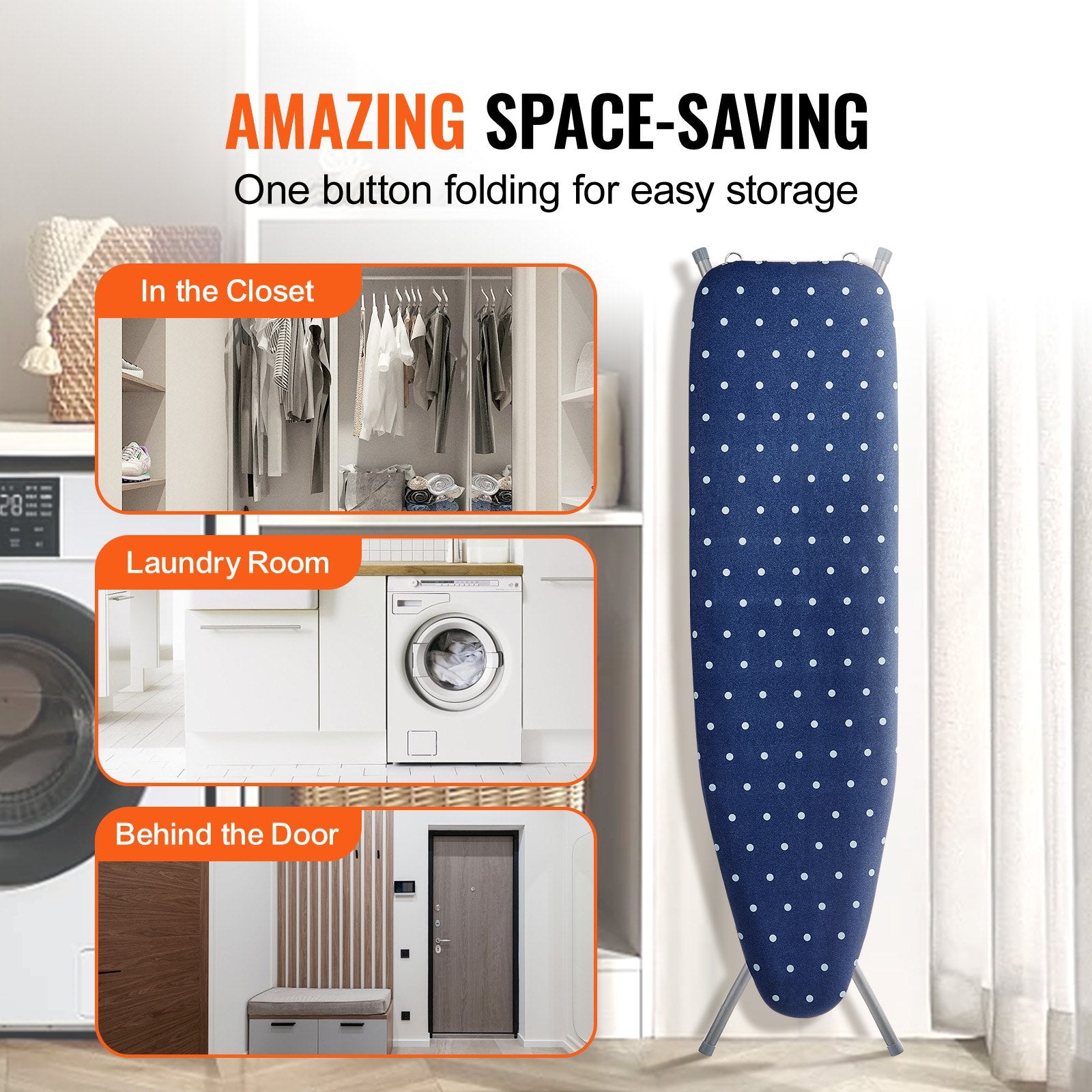 VEVOR Ironing Board with Bottom Storage Tray, Thickened 4 Layers Iron Board with Heat Resistant Cover and 100% Cotton Cover, 10 Adjustable Heights Ironing Board for Home Laundry Room Use (Size 55x15) 