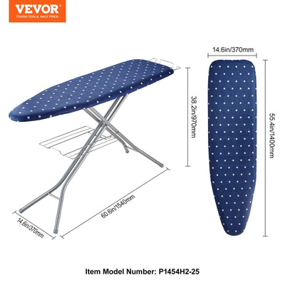 VEVOR Ironing Board with Bottom Storage Tray, Thickened 4 Layers Iron Board with Heat Resistant Cover and 100% Cotton Cover, 10 Adjustable Heights Ironing Board for Home Laundry Room Use (Size 55x15) 