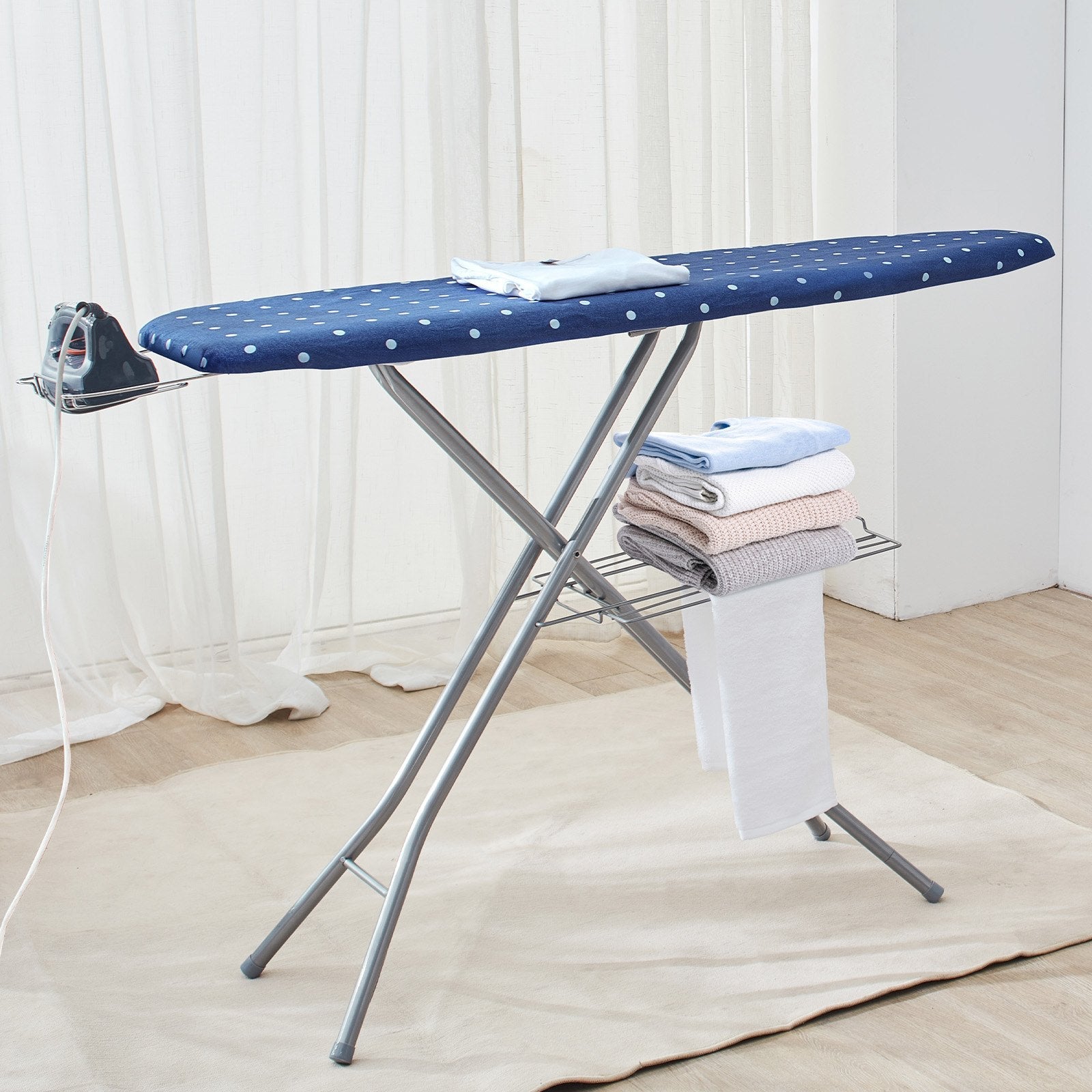 VEVOR Ironing Board with Bottom Storage Tray, Thickened 4 Layers Iron Board with Heat Resistant Cover and 100% Cotton Cover, 10 Adjustable Heights Ironing Board for Home Laundry Room Use (Size 55x15) 