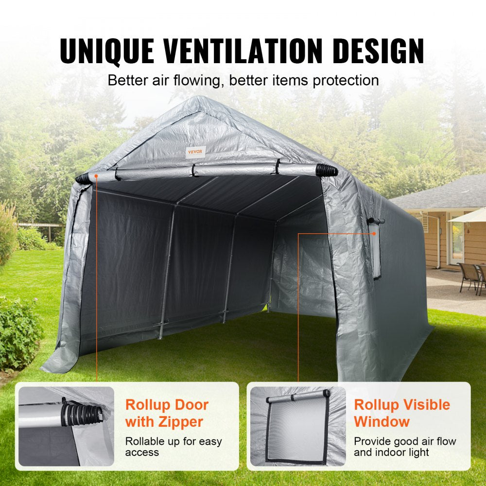 VEVOR Outdoor Portable Storage Shelter Shed, 10x15x8ft Heavy Duty  Instant Garage Tent Canopy Carport with Roll-up Zipper Door and Ventilated Windows For Cars, Motorcycle, Bike, Garden Tools 