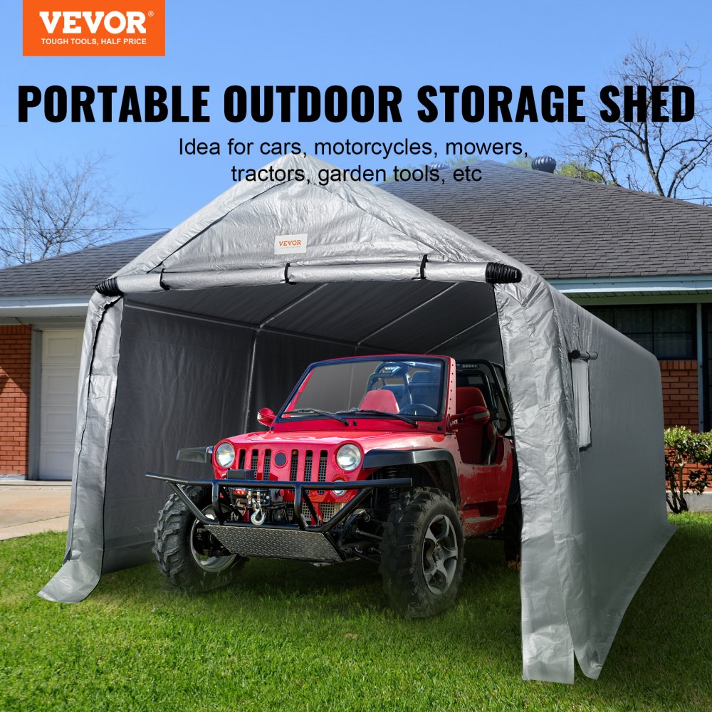 VEVOR Outdoor Portable Storage Shelter Shed, 10x15x8ft Heavy Duty  Instant Garage Tent Canopy Carport with Roll-up Zipper Door and Ventilated Windows For Cars, Motorcycle, Bike, Garden Tools 