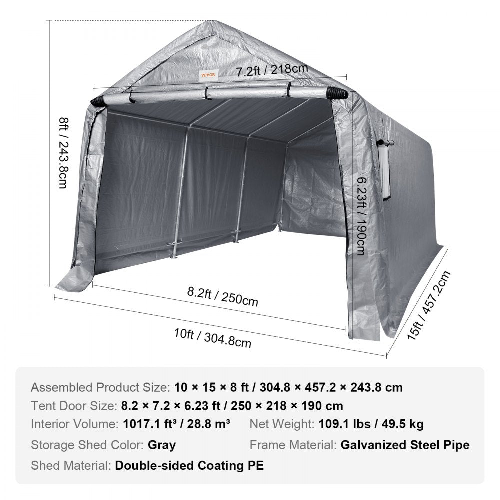VEVOR Outdoor Portable Storage Shelter Shed, 10x15x8ft Heavy Duty  Instant Garage Tent Canopy Carport with Roll-up Zipper Door and Ventilated Windows For Cars, Motorcycle, Bike, Garden Tools 