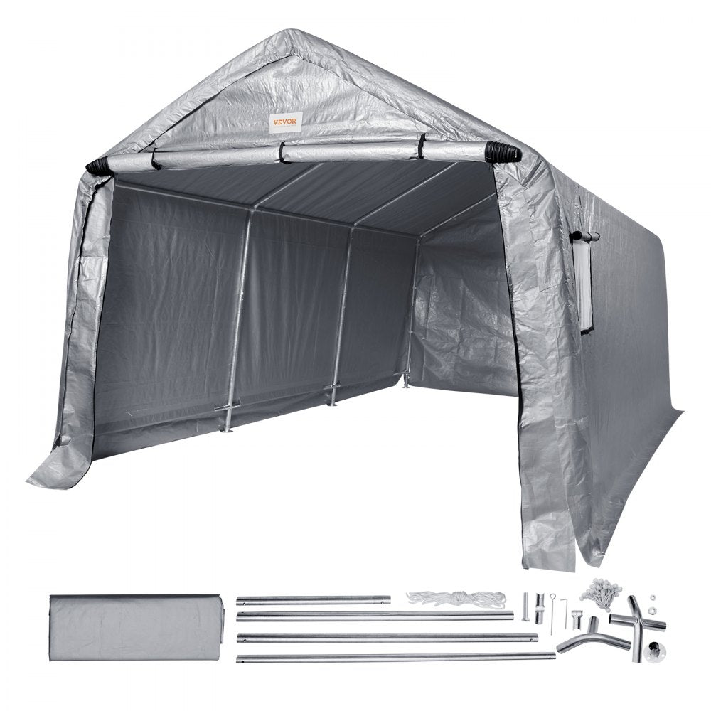 VEVOR Outdoor Portable Storage Shelter Shed, 10x15x8ft Heavy Duty  Instant Garage Tent Canopy Carport with Roll-up Zipper Door and Ventilated Windows For Cars, Motorcycle, Bike, Garden Tools 