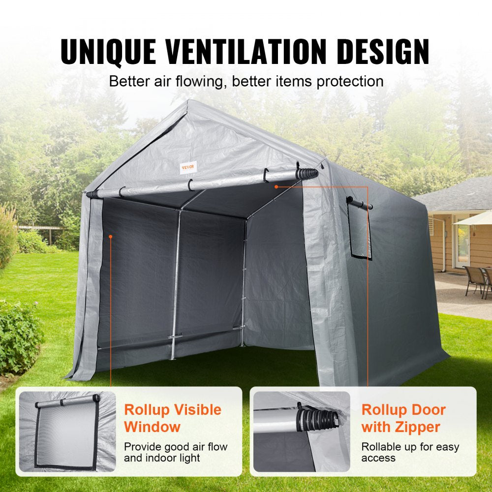 VEVOR Portable Outdoor Storage Shelter Shed, 8 x 14 x 7.6 ft Heavy Duty Instant Storage Tent Garage Sheds with Roll-up Zipper Door and Ventilated Windows for Motorcycle, Bike, Garden Tools 