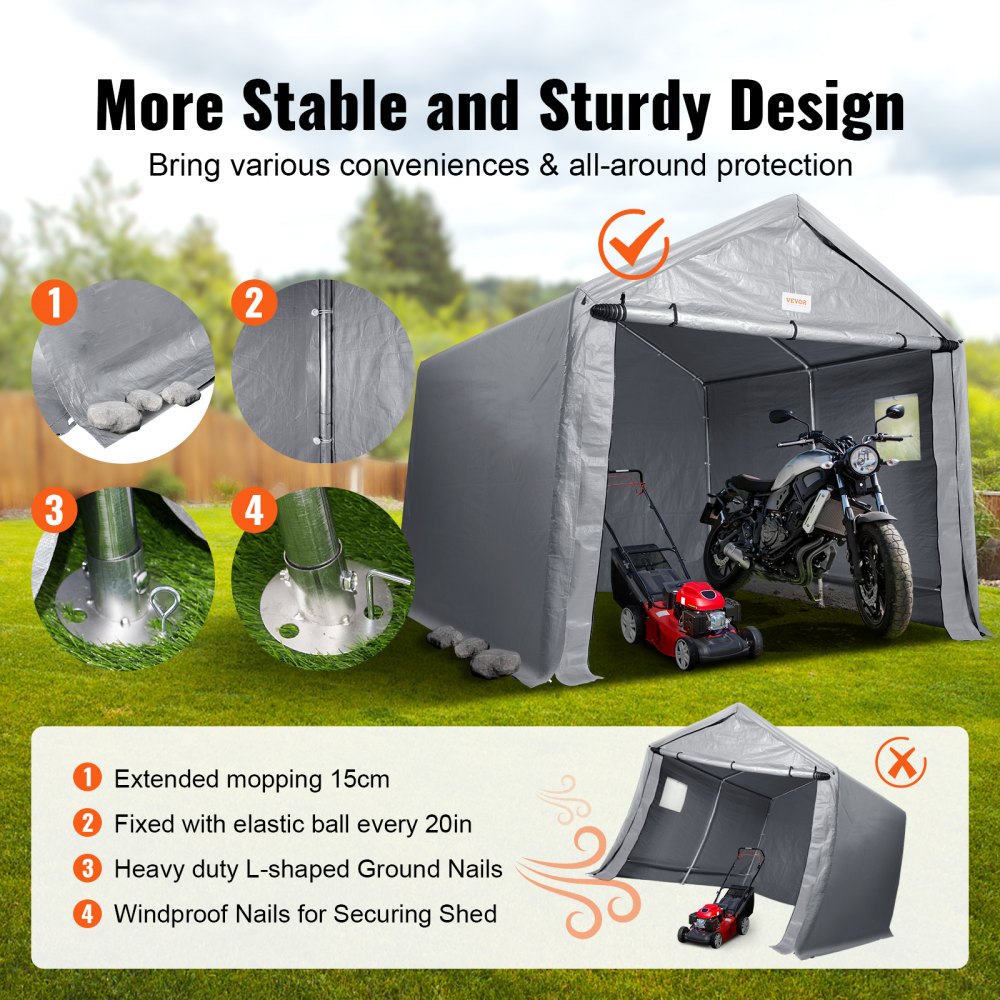 VEVOR Portable Outdoor Storage Shelter Shed, 8 x 14 x 7.6 ft Heavy Duty Instant Storage Tent Garage Sheds with Roll-up Zipper Door and Ventilated Windows for Motorcycle, Bike, Garden Tools 