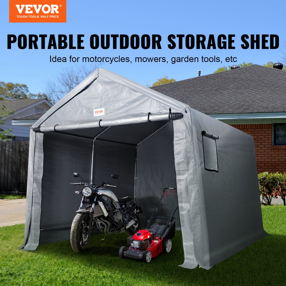 VEVOR Portable Outdoor Storage Shelter Shed, 8 x 14 x 7.6 ft Heavy Duty Instant Storage Tent Garage Sheds with Roll-up Zipper Door and Ventilated Windows for Motorcycle, Bike, Garden Tools 