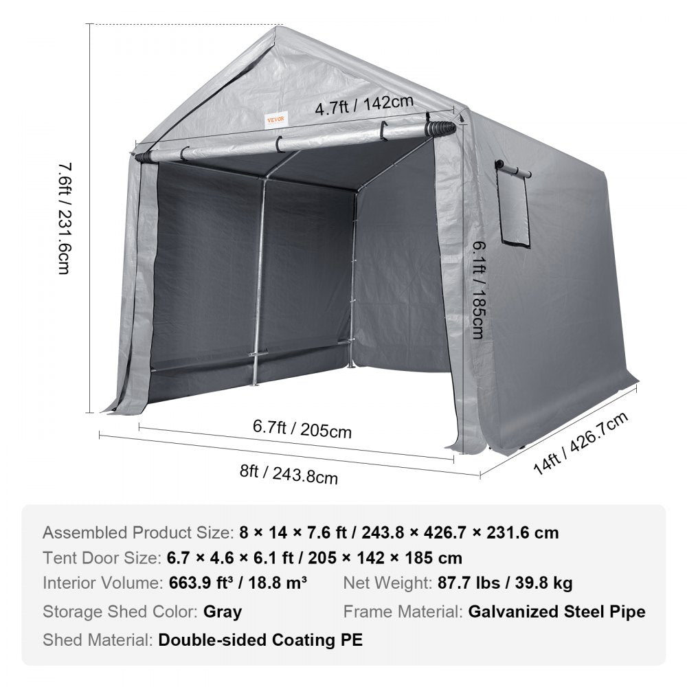 VEVOR Portable Outdoor Storage Shelter Shed, 8 x 14 x 7.6 ft Heavy Duty Instant Storage Tent Garage Sheds with Roll-up Zipper Door and Ventilated Windows for Motorcycle, Bike, Garden Tools 