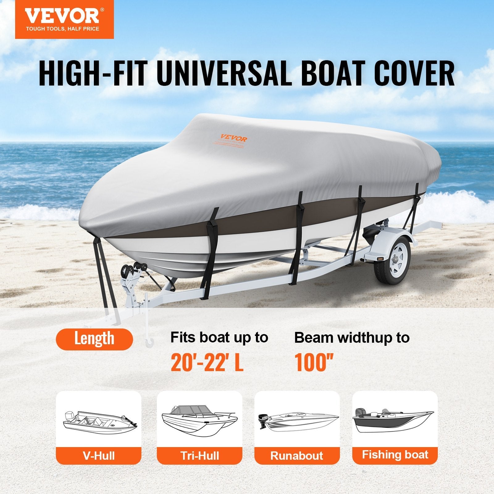 VEVOR Boat Cover, 20'-22' Trailerable Waterproof Boat Cover, 600D Marine Grade PU Oxford, with Motor Cover and Buckle Straps, for V-Hull, Tri-Hull, Fish Ski Boat, Runabout, Bass Boat, Grey 