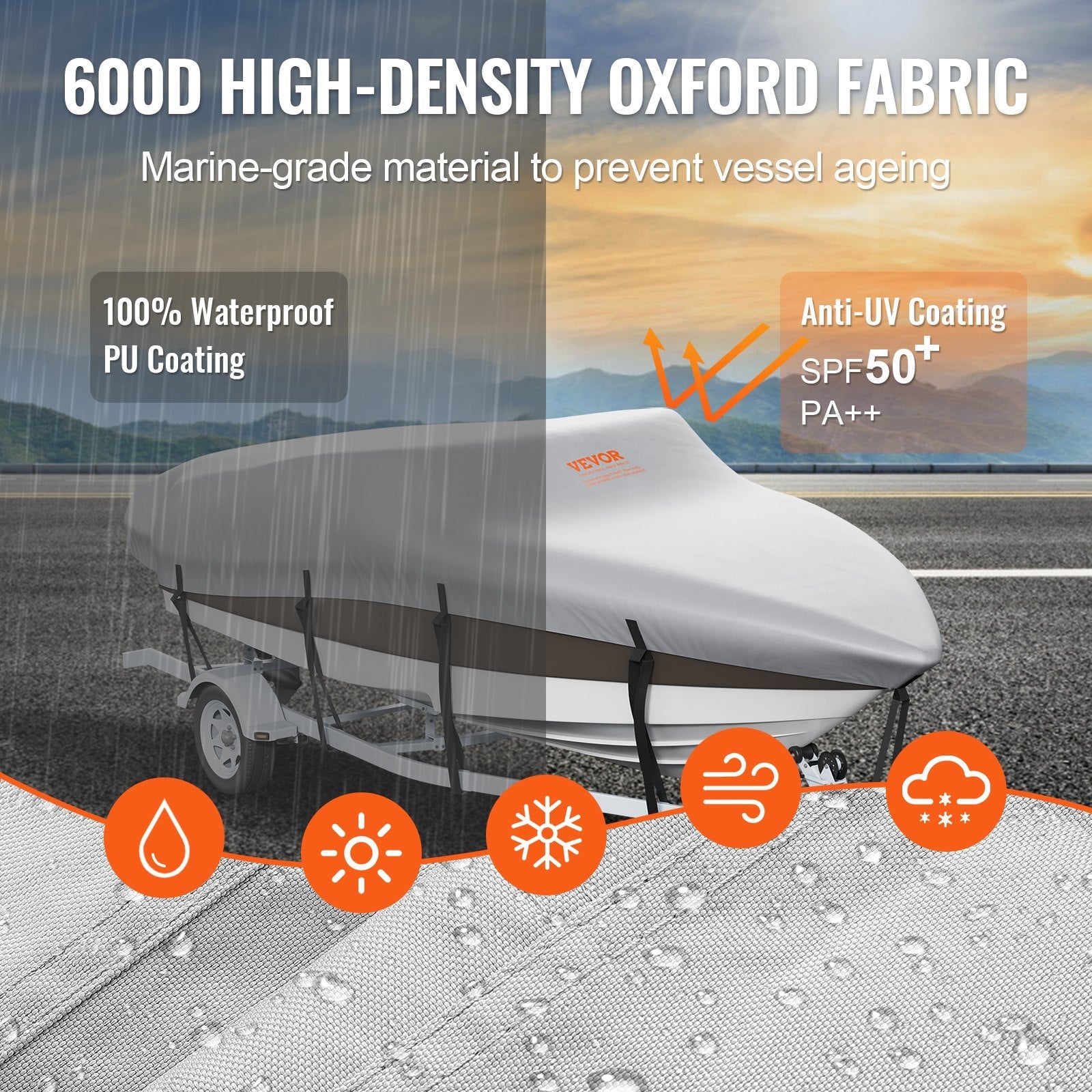 VEVOR Boat Cover, 20'-22' Trailerable Waterproof Boat Cover, 600D Marine Grade PU Oxford, with Motor Cover and Buckle Straps, for V-Hull, Tri-Hull, Fish Ski Boat, Runabout, Bass Boat, Grey 