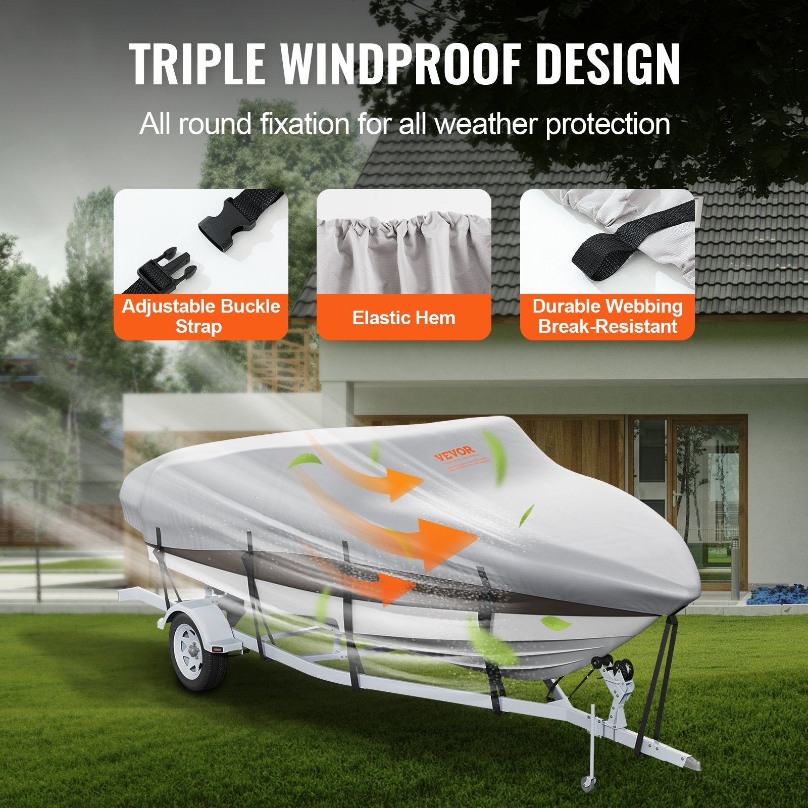 VEVOR Boat Cover, 20'-22' Trailerable Waterproof Boat Cover, 600D Marine Grade PU Oxford, with Motor Cover and Buckle Straps, for V-Hull, Tri-Hull, Fish Ski Boat, Runabout, Bass Boat, Grey 
