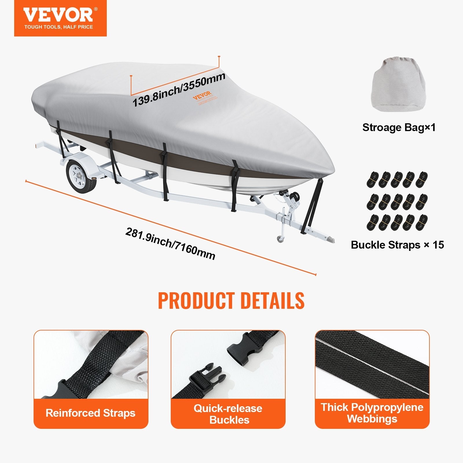 VEVOR Boat Cover, 20'-22' Trailerable Waterproof Boat Cover, 600D Marine Grade PU Oxford, with Motor Cover and Buckle Straps, for V-Hull, Tri-Hull, Fish Ski Boat, Runabout, Bass Boat, Grey 
