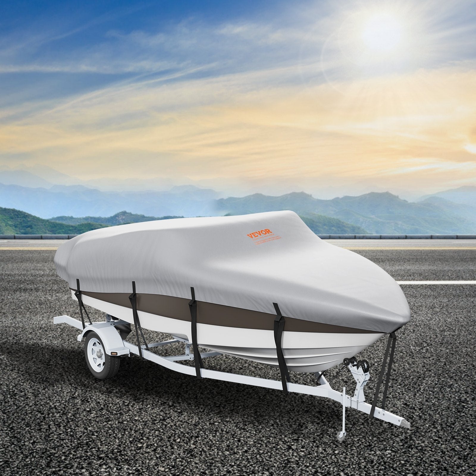 VEVOR Boat Cover, 20'-22' Trailerable Waterproof Boat Cover, 600D Marine Grade PU Oxford, with Motor Cover and Buckle Straps, for V-Hull, Tri-Hull, Fish Ski Boat, Runabout, Bass Boat, Grey 