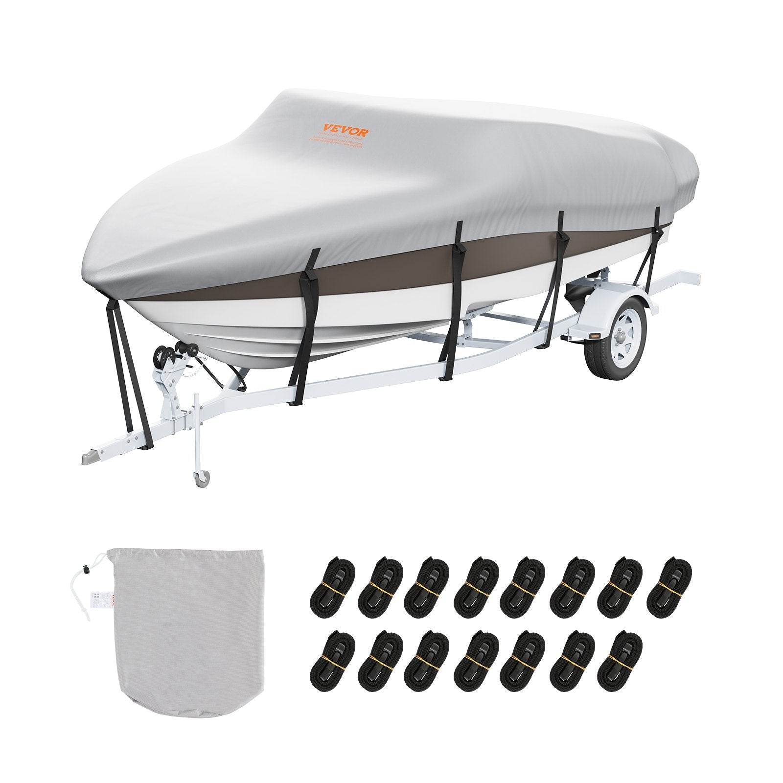 VEVOR Boat Cover, 20'-22' Trailerable Waterproof Boat Cover, 600D Marine Grade PU Oxford, with Motor Cover and Buckle Straps, for V-Hull, Tri-Hull, Fish Ski Boat, Runabout, Bass Boat, Grey 