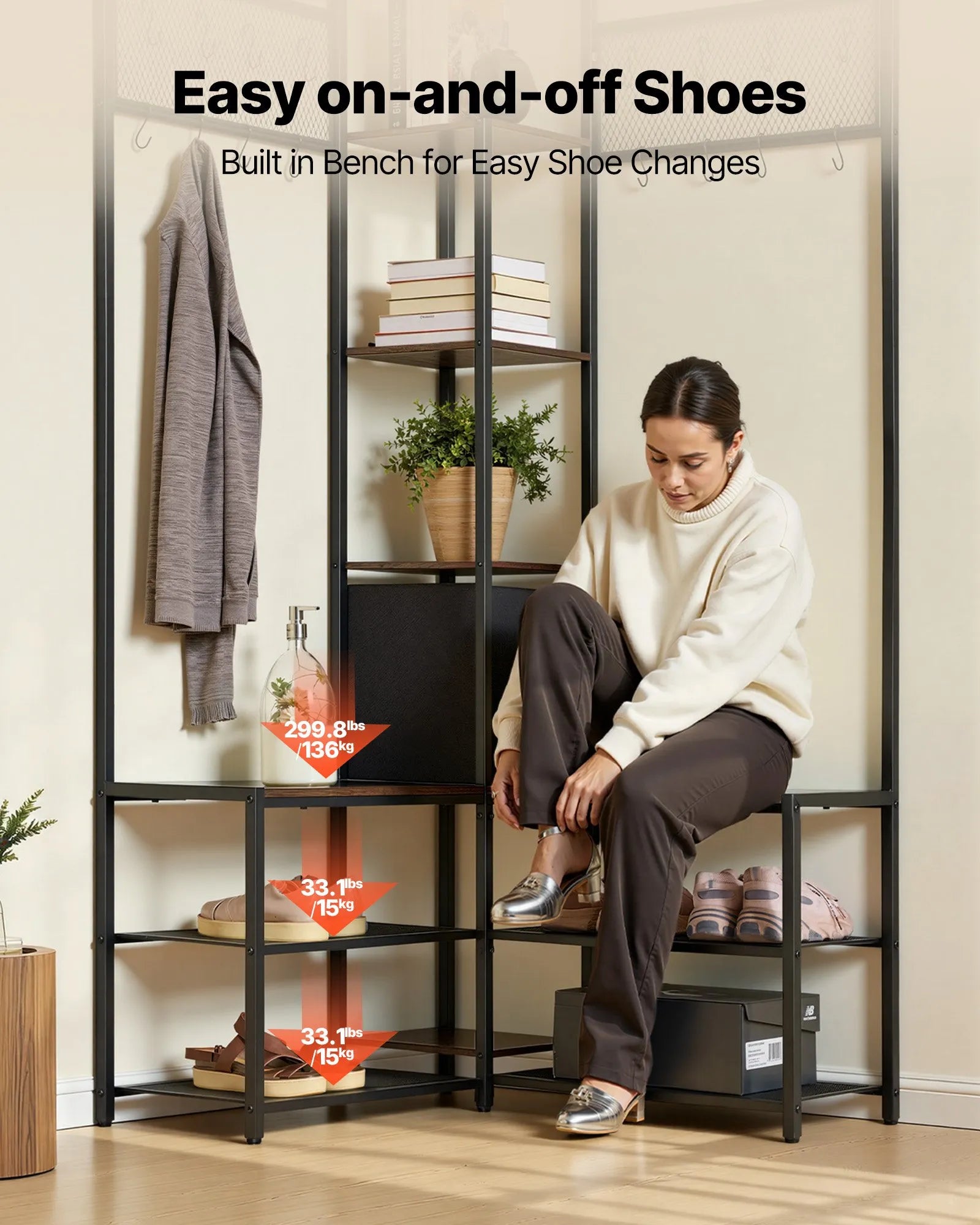 Corner Hall Tree with Shoe Bench, 70.9" Rustic Brown Coat Rack with Hooks & Steel Frame, Entryway Storage Organizer