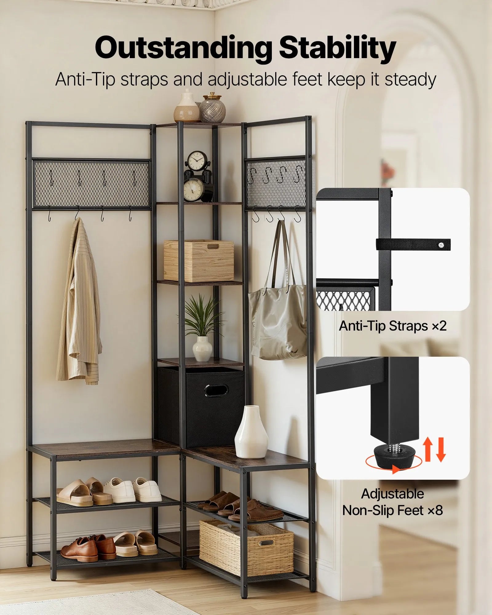 Corner Hall Tree with Shoe Bench, 70.9" Rustic Brown Coat Rack with Hooks & Steel Frame, Entryway Storage Organizer