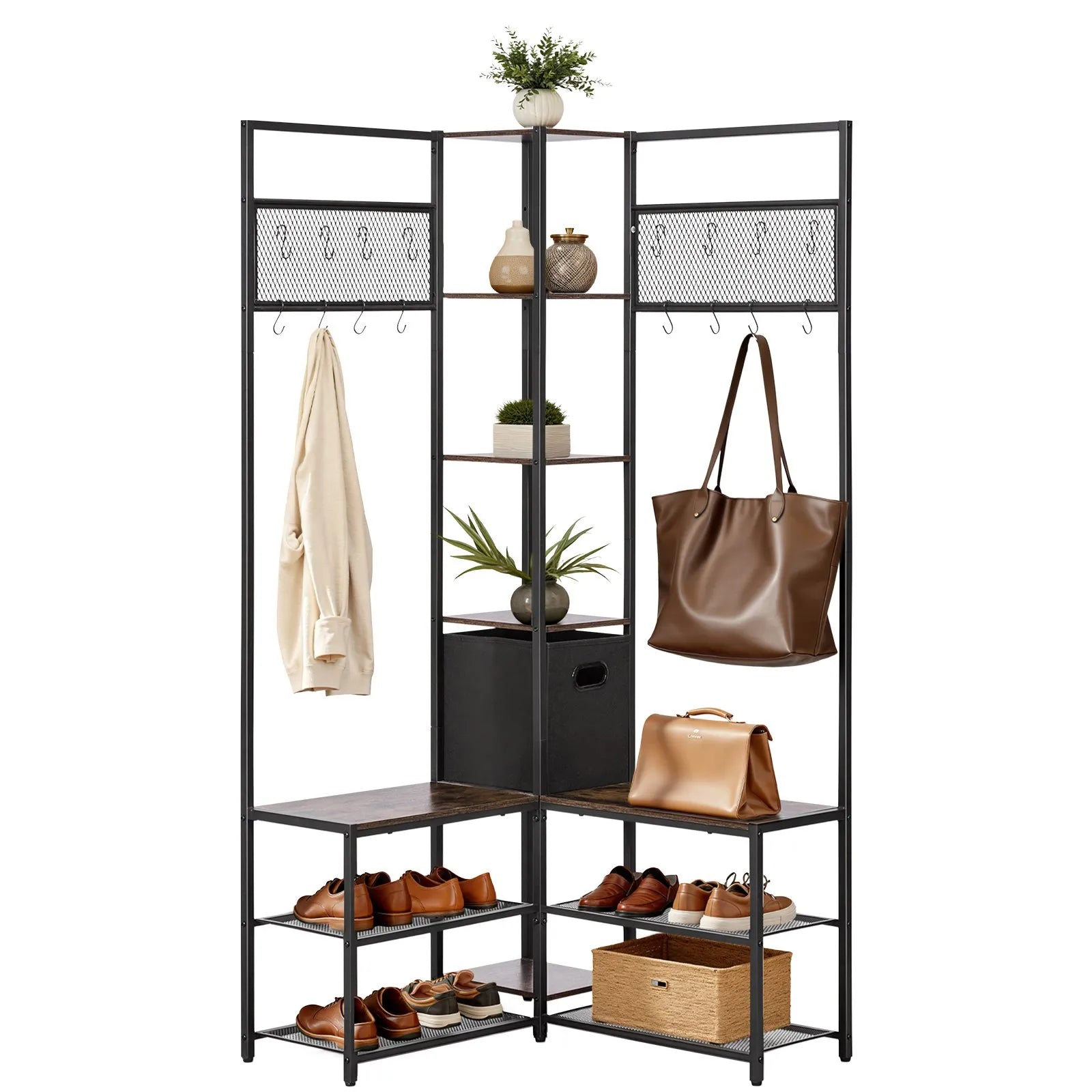 Corner Hall Tree with Shoe Bench, 70.9" Rustic Brown Coat Rack with Hooks & Steel Frame, Entryway Storage Organizer