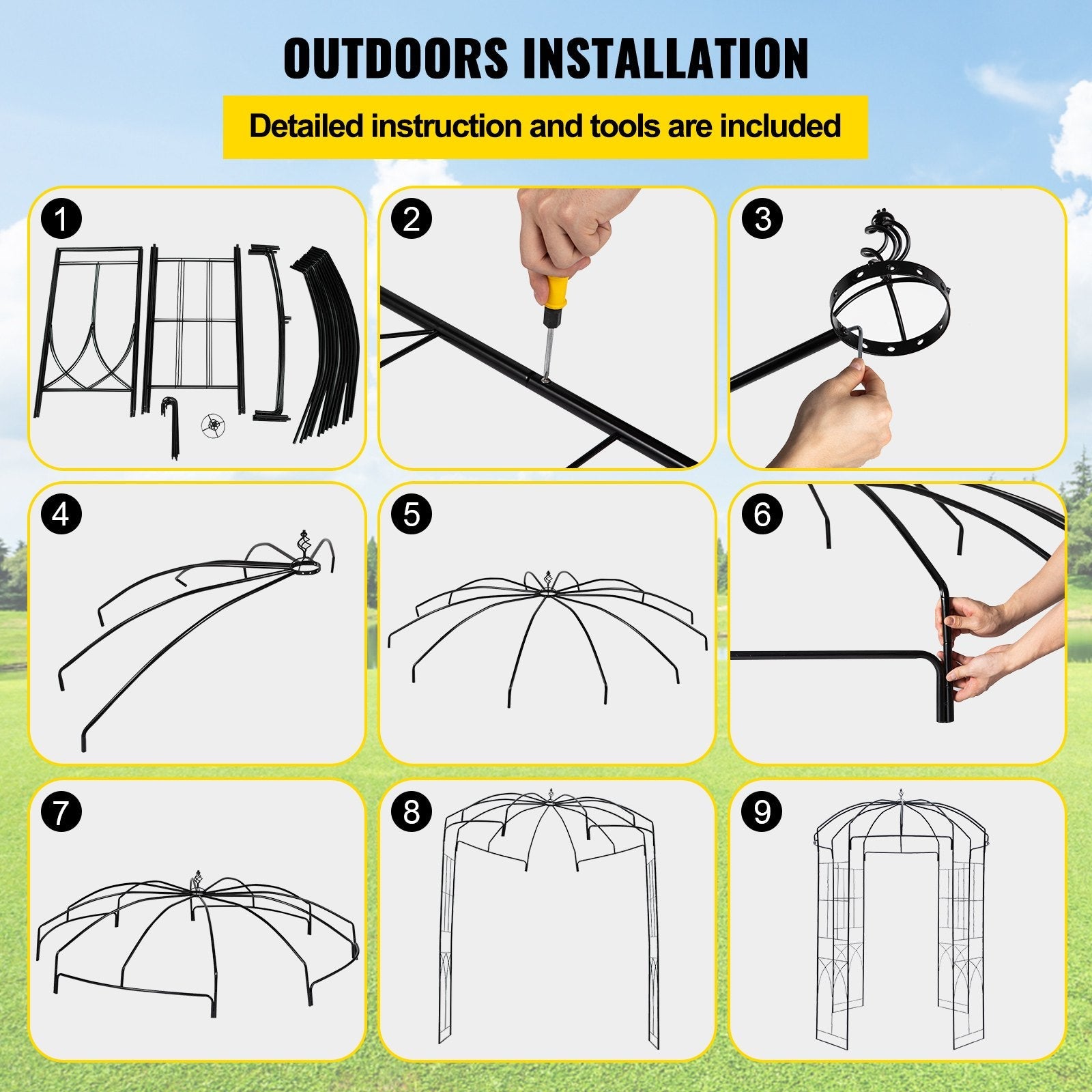 VEVOR Birdcage Shape Gazebo,8' High x 5.2' Wide, Heavy Duty Wrought Iron Arbor, Wedding  Arch Trellis for Climbing Vines in Outdoor Garden, Lawn, Backyard, Patio, Black 