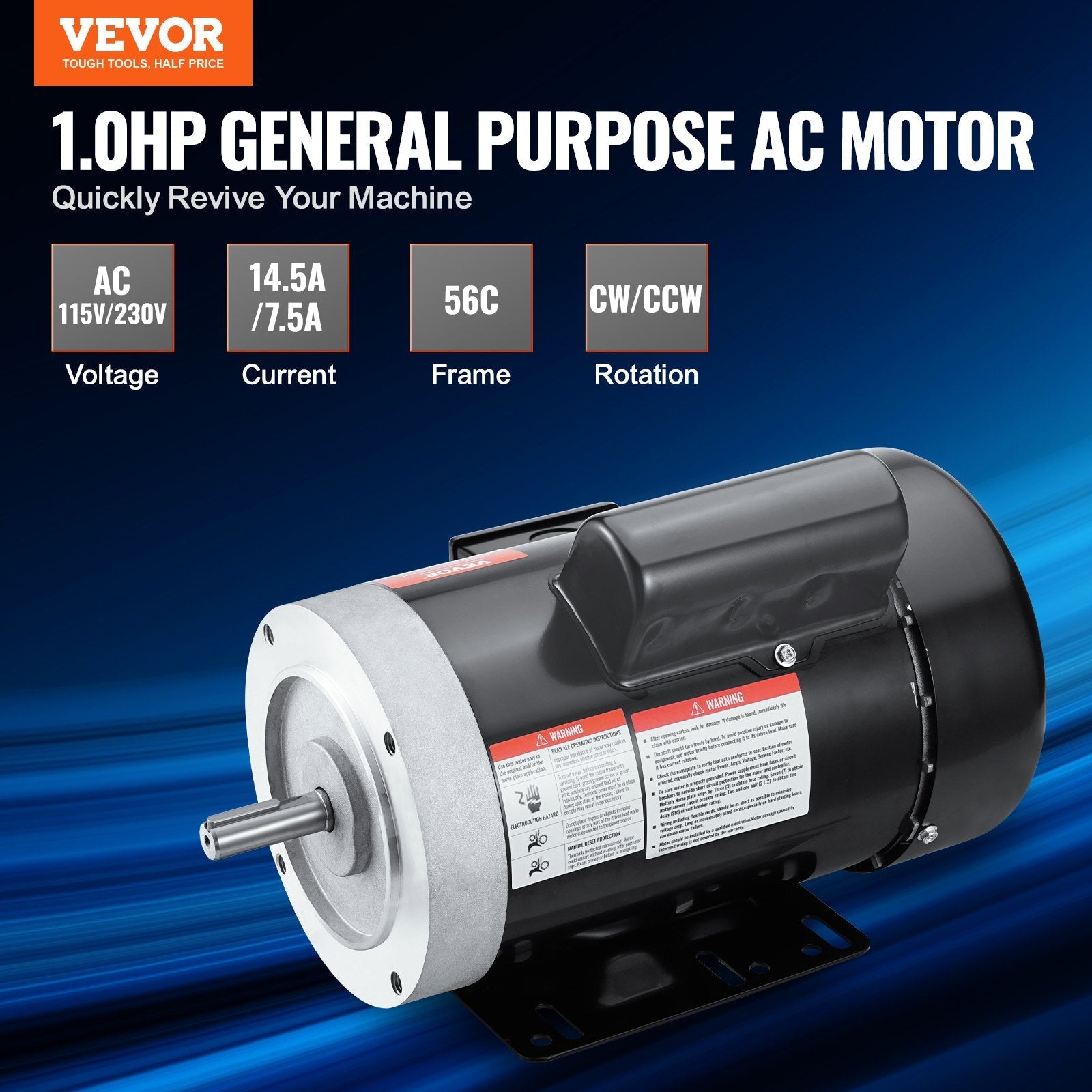 VEVOR 1HP Electric Motor 1725RPM AC115V/230V 56C Frame 1-Phase 5/8" Keyed Shaft 