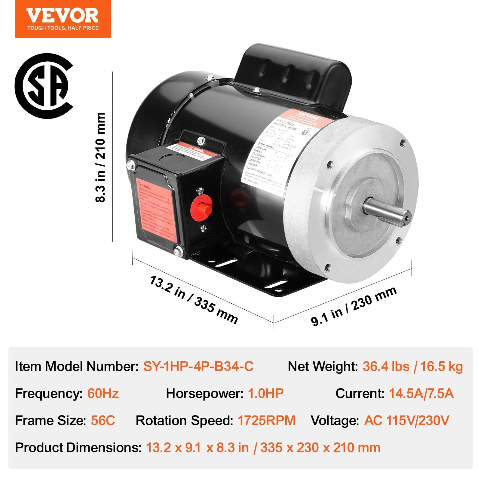 VEVOR 1HP Electric Motor 1725RPM AC115V/230V 56C Frame 1-Phase 5/8" Keyed Shaft 