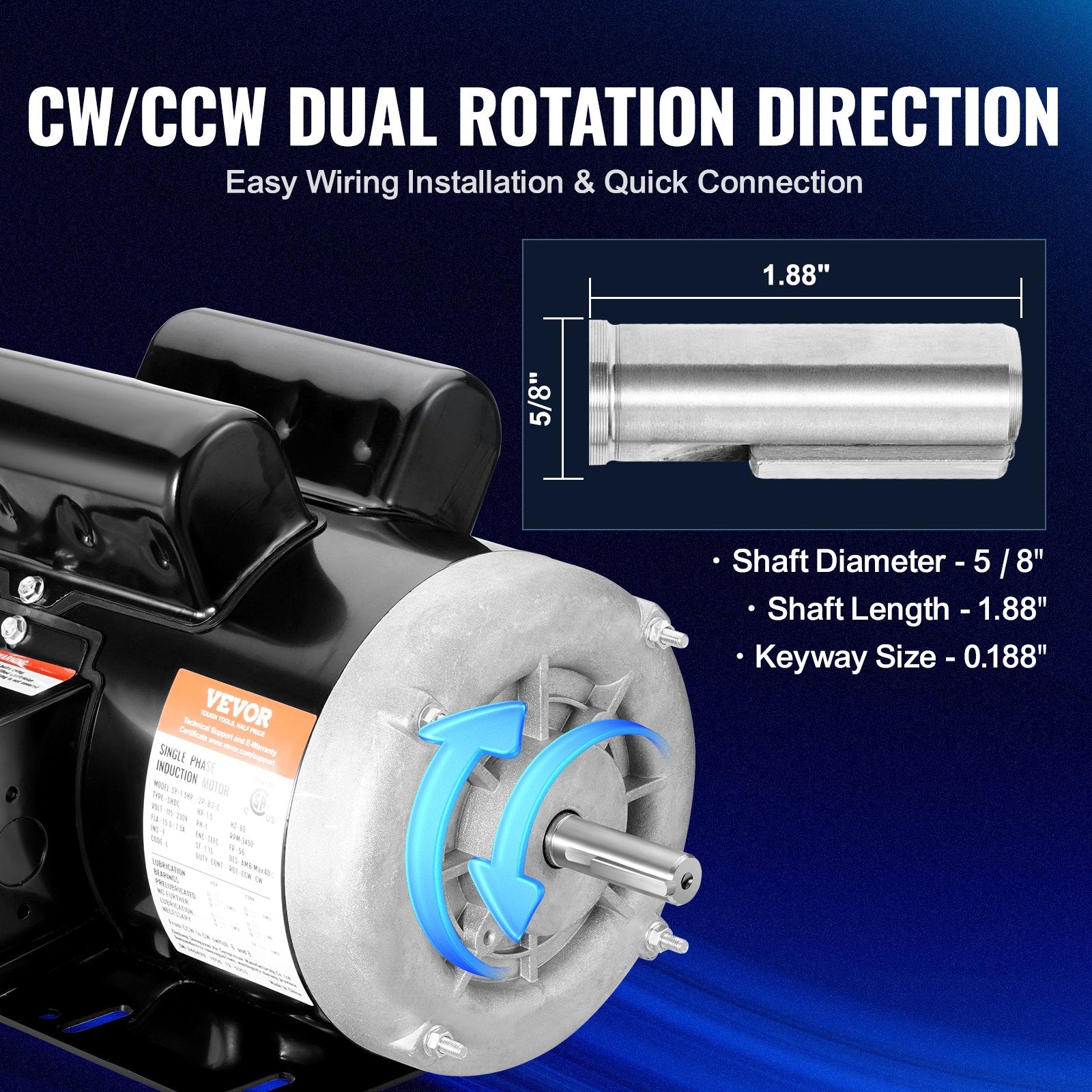 VEVOR 1.5HP Electric Motor 3450RPM AC115V/230V 56 Frame 1-Phase 5/8" Keyed Shaft 