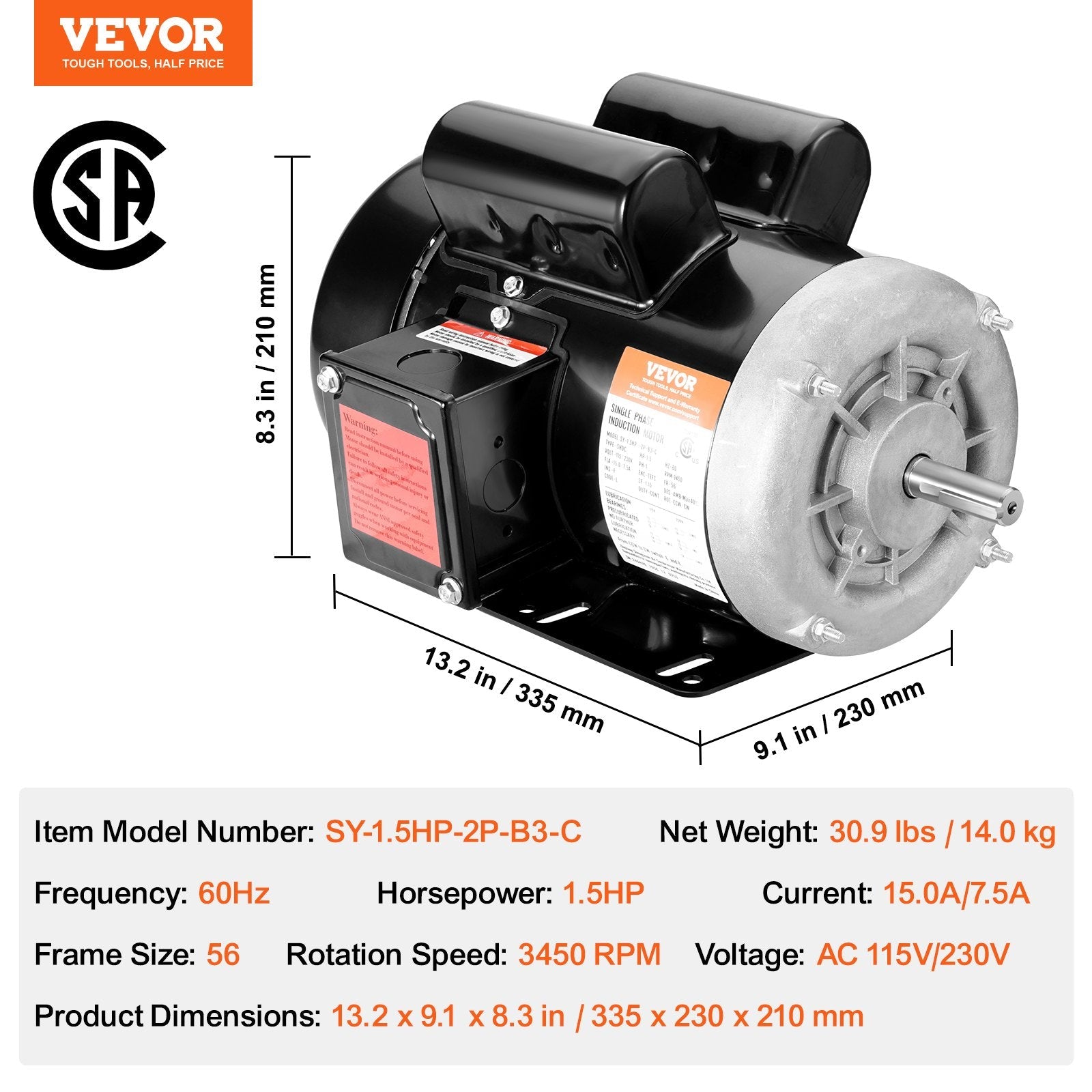 VEVOR 1.5HP Electric Motor 3450RPM AC115V/230V 56 Frame 1-Phase 5/8" Keyed Shaft 