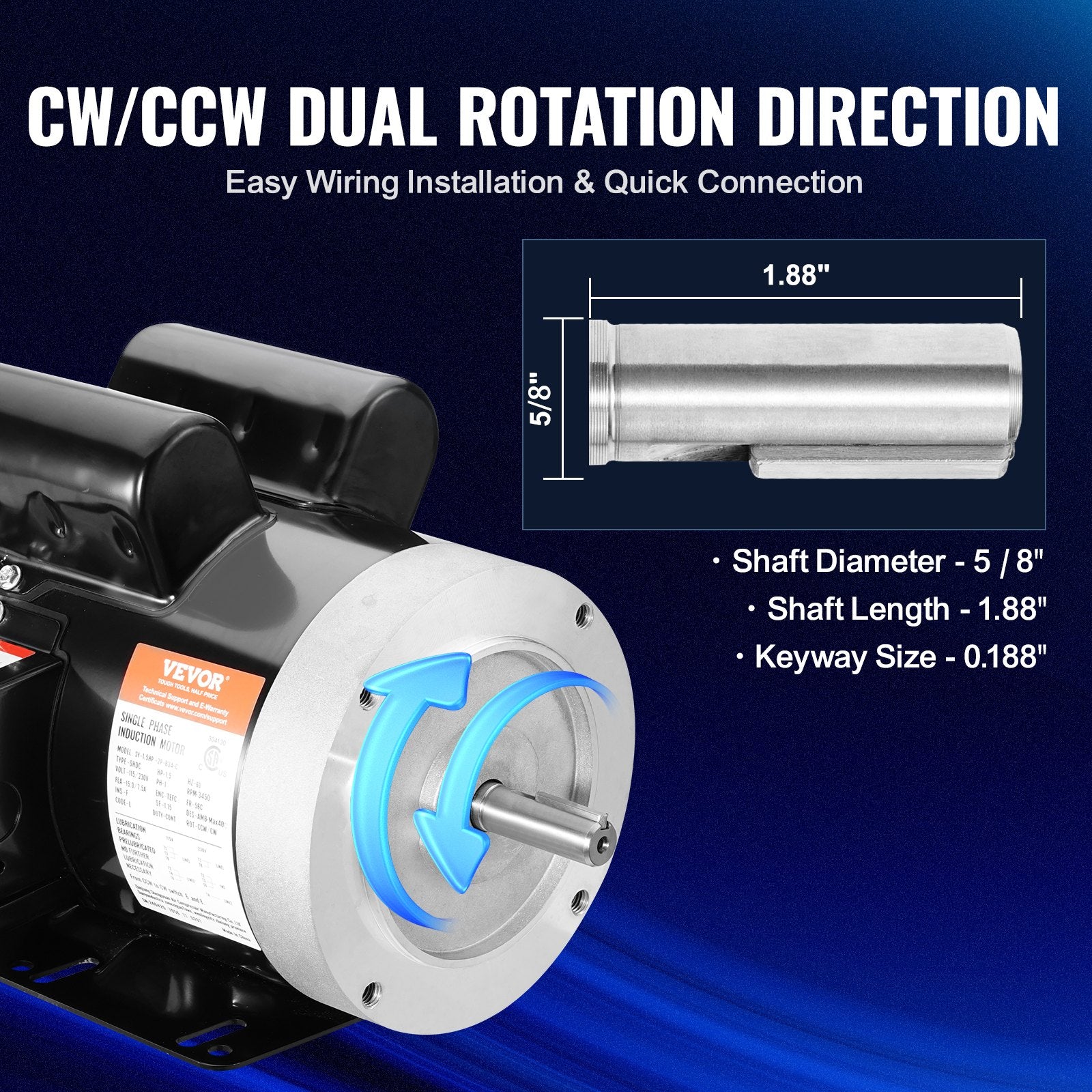VEVOR 1.5HP Electric Motor 3450RPM AC11V/230V 56C Frame 1-Phase 5/8" Keyed Shaft 
