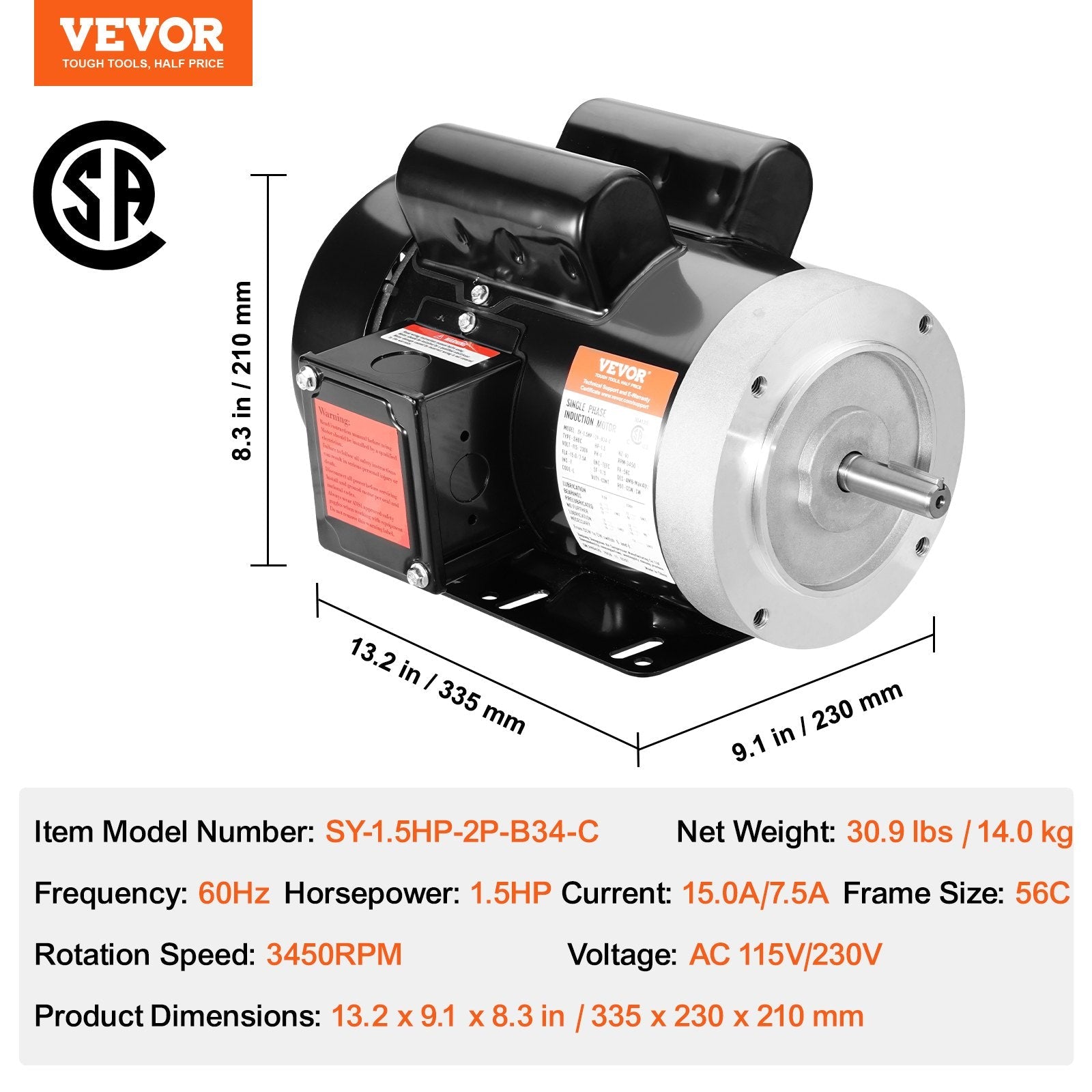 VEVOR 1.5HP Electric Motor 3450RPM AC11V/230V 56C Frame 1-Phase 5/8" Keyed Shaft 