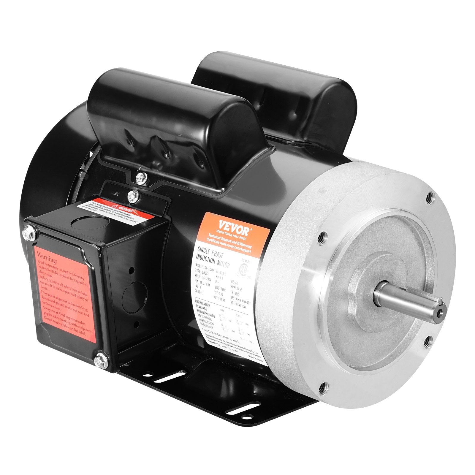 VEVOR 1.5HP Electric Motor 3450RPM AC11V/230V 56C Frame 1-Phase 5/8" Keyed Shaft 