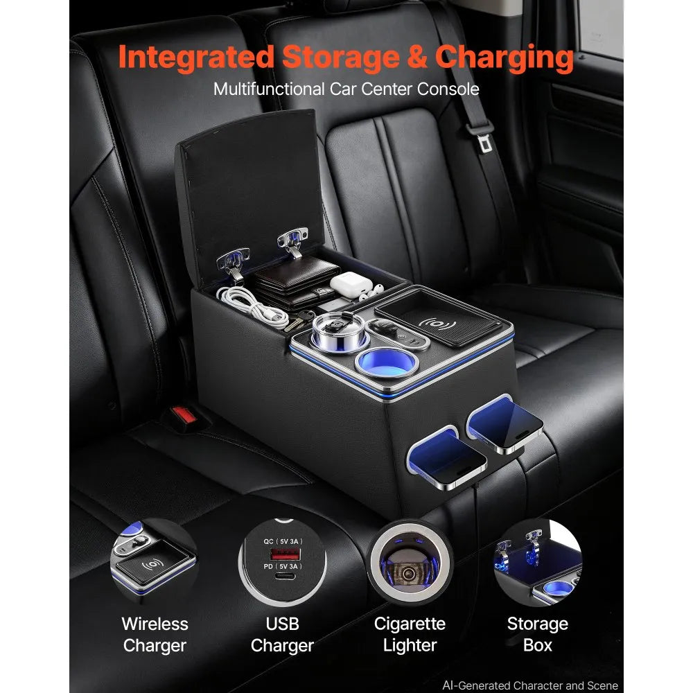 Universal Rear Seat Center Console with 7-Color Ambient Lights, Wireless Charging & Cup Holders
