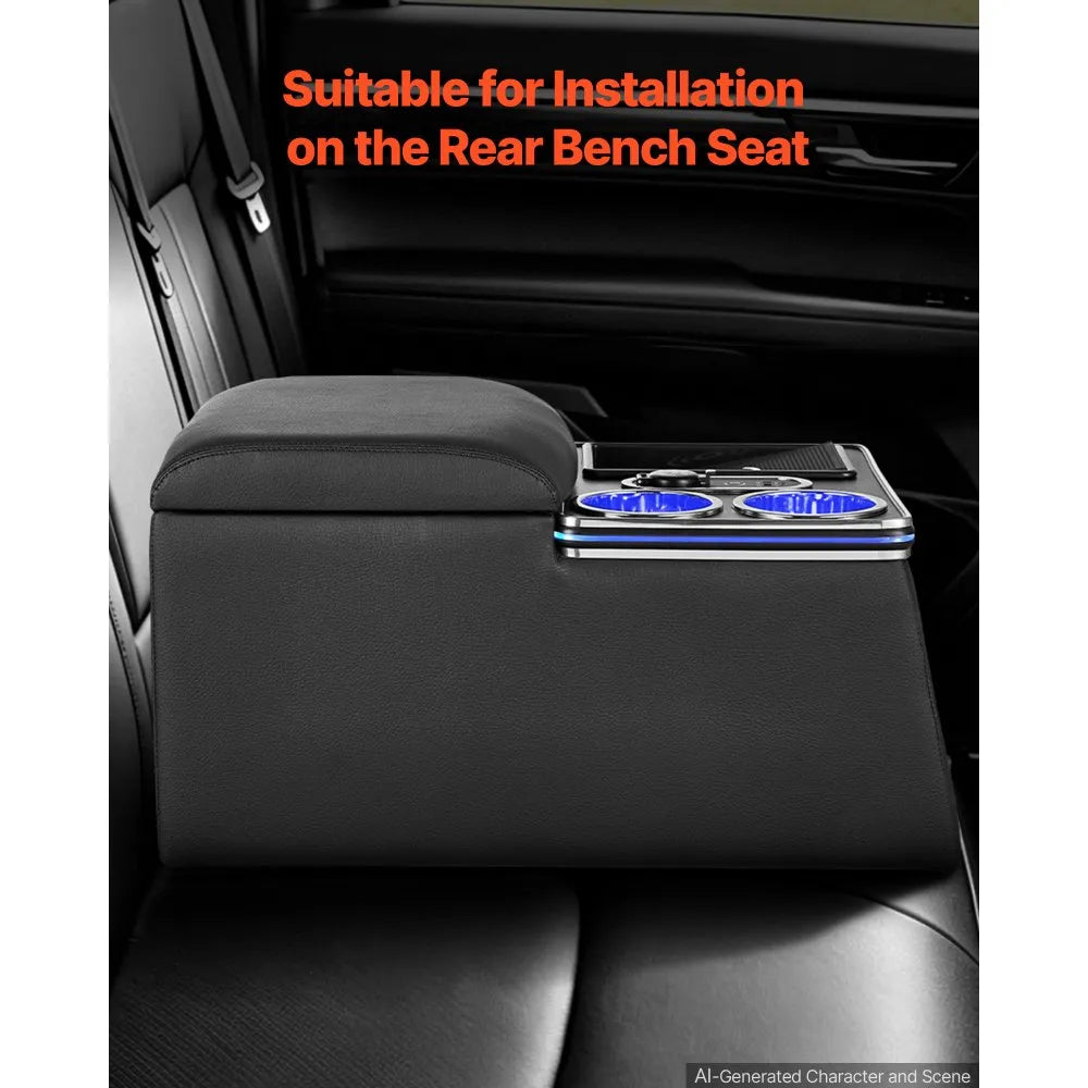 Universal Rear Seat Center Console with 7-Color Ambient Lights, Wireless Charging & Cup Holders